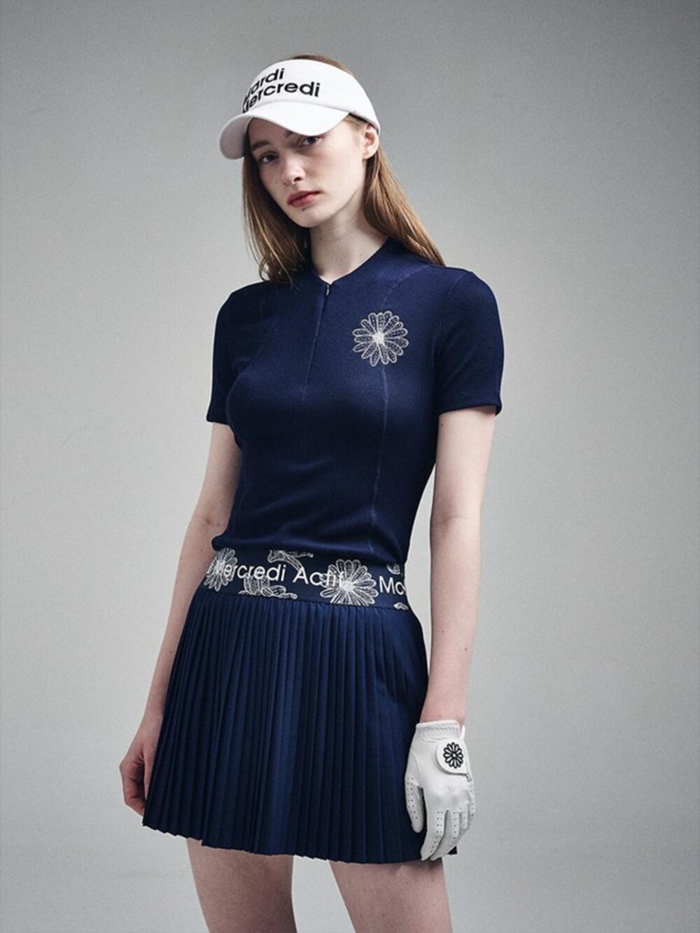 MARDI MERCREDI ACTIF Golf Korean Navy Blue ALL FLOWERS Cute Pleated Mini Skirt S